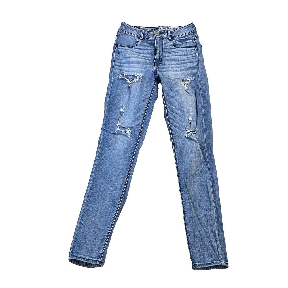 American Eagle Sky High Jeggings Medium Wash Distressed Mid Rise Womens Size 2